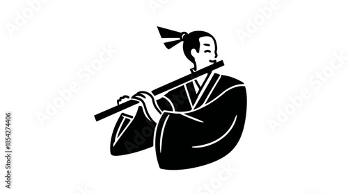 Stylized black silhouette illustration of a person in traditional attire playing a long wind instrument. Minimalist cultural music art.