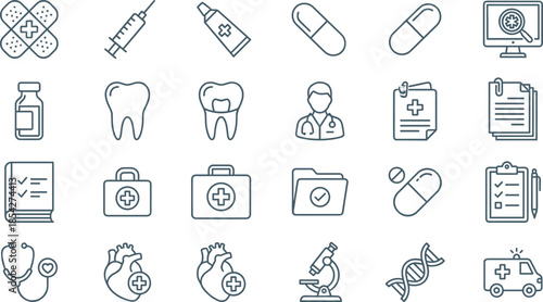 Medical, Healthcare, and Clinical Line Icons Set, Featuring Pills, DNA, Syringe, Ambulance, Heart, Microscope, Dental, and First Aid Symbols, Vector Outline.