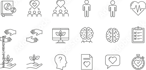 Mental health and charity line icons set, vector symbols for psychology, ecology, love, growth, brain, and community support. (18 words)