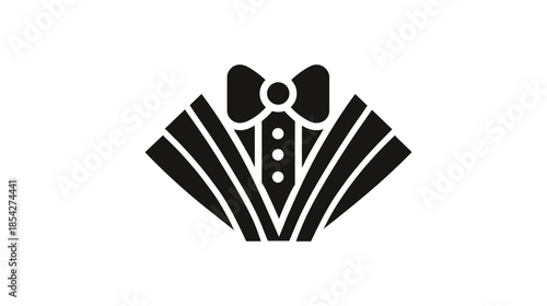 Minimalist black and white tuxedo suit jacket icon with bow tie and buttons. Elegant formal wear graphic vector for luxury service.