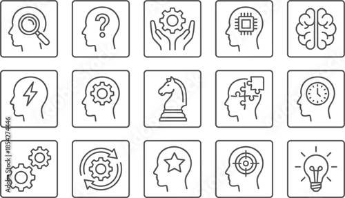 Mind, brain, and strategy line icons set, creative idea, problem solving, technology, target, vector symbols for analysis