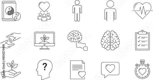 Mental health and charity line icons set, vector symbols for psychology, brain, heart, ecology, medical care, and community support. (20 words)