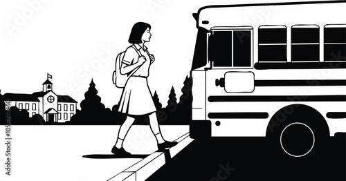 Line art side view schoolgirl boarding school bus at curb with backpack looking at camera near school building morning black and white vector illustration high contrast