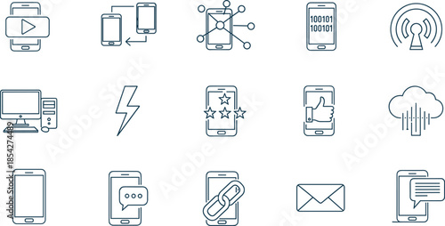 Mobile technology and communication line icons set, vector symbols for smartphone, network, data, chat, message, video, and internet connection. (19 words)