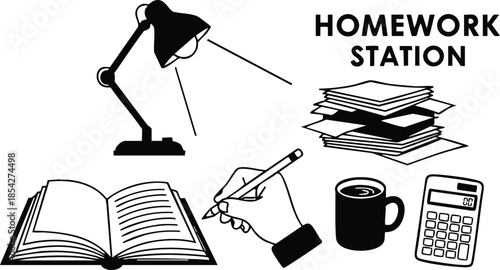 Line art close up hand writing open book and pen at homework station with desk lamp stack of books mug and calculator study scene minimal monochrome