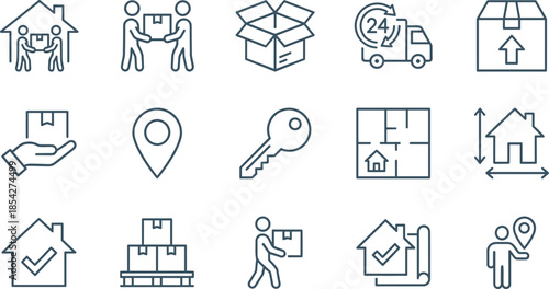 Moving and relocation line icons set, logistics delivery symbols, packaging box, house key, real estate plan, vector signs for interface