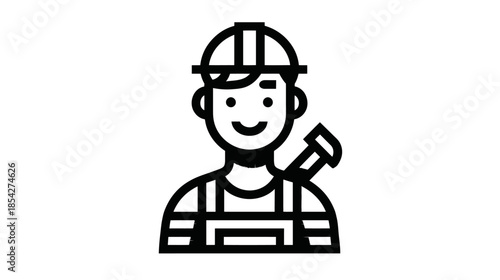 Smiling Construction Worker Icon with Hard Hat and Tool, Professional Builder or Handyman Line Art Illustration