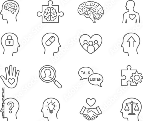 Psychology, Mental Health, and Personal Growth Outline Icons Set: Brain, Mind, Therapy, Solution, and Emotional Intelligence Vector