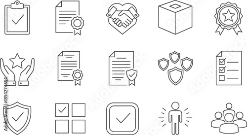 Quality control and warranty line icons set, vector symbols for agreement, security, certificate, check, and success. (17 words)