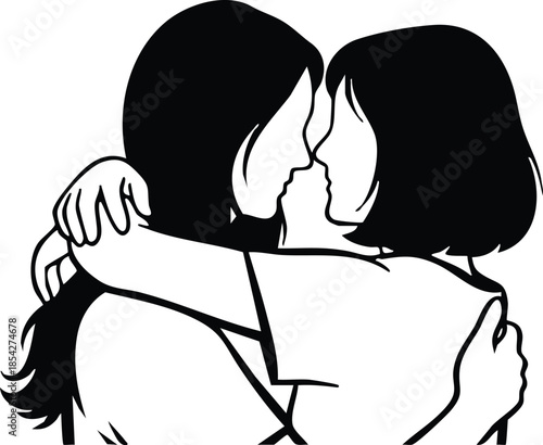 Line art minimalist vector of two women kissing in close embrace seen from back with short hair interlocked arms simple black and white composition intimate flat