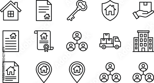Real estate and housing line icons set, property management symbols, moving truck, home insurance, contract document, vector signs
