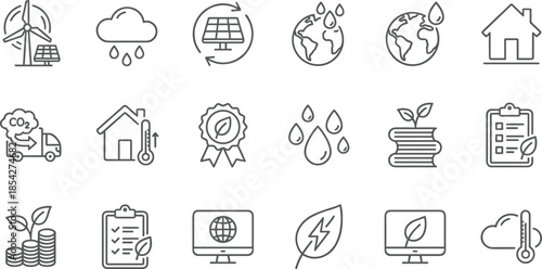 Renewable energy and climate change line icons set, ecology, green technology, solar, wind, pollution, vector sustainability signs