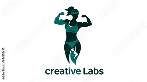 Stylized silhouette of a strong athletic woman flexing arm muscles, embodying fitness, health, and empowerment.