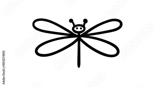 Minimalist black line art dragonfly icon illustration. Simple stylized insect symbol graphic on a white background.