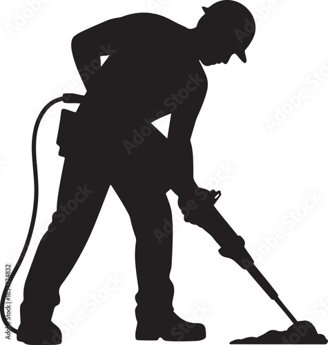 Silhouette of construction worker operating jackhammer on white background Keywords: construction