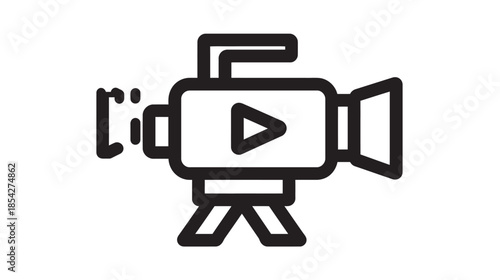 Black outline video camera icon on tripod with play button, representing film recording, videography, and digital media production.
