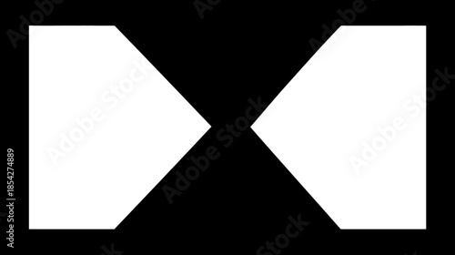 Abstract white hourglass shape with sharp angles on black background, minimalist symmetrical geometric design element