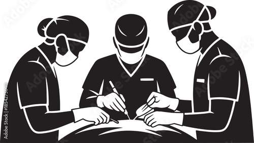 Surgical team of professional doctors and surgeons performing an operation, silhouette vector illustration, healthcare and medical procedure concept isolated on a white background.