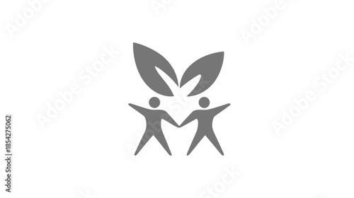 Stylized gray human figures with leaves representing environmental care, community, partnership, and sustainable living concept.
