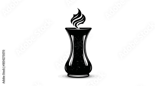 Modern stylized black candle with a burning flame in a dark, elegant holder. Graphic illustration on a clean white background.