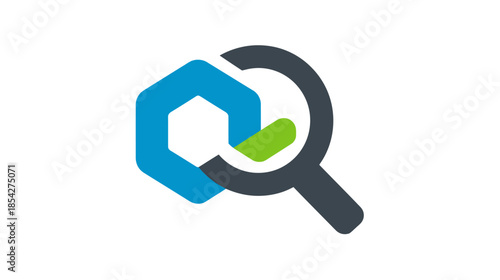 Data analysis and verification icon with magnifying glass, hexagon, and checkmark. Concept of security, quality control, and successful search.