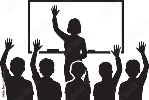 Teacher and Students Raising Hands in Classroom Silhouette education learning