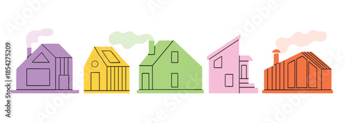 Set of cute tiny houses. Small houses, forest cabin, cartoon flat buildings. Doodle small home, trendy modern minimal classy vector objects set. Cutout illustration with line, simple collection.