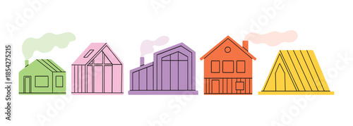 Set of cute tiny houses. Small house, forest cabin, flat cartoon buildings. Doodle small home, trendy modern minimal classy vector objects set. Cutout illustration with line, simple graphic collection
