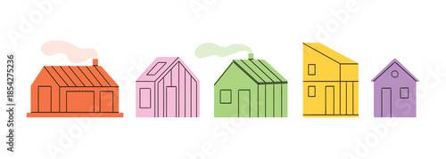 Set of cute tiny houses. Front house, forest cabin, cartoon flat buildings. Doodle small home, trendy modern minimal classy vector objects set. Cutout illustration with line, simple graphic collection