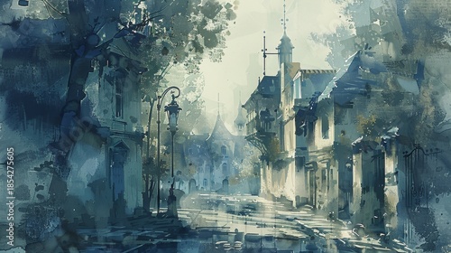 Elegant Watercolor Cityscape Featuring Tall Buildings, Lush Trees, and Charming Street Lamp at Dusk