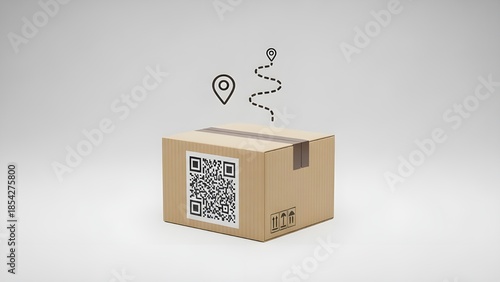 3D Render of Cardboard Package with Abstract Code Label, Location Pin and Route Icons on Clean Background