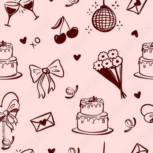 Hand drawn seamless Valentines Day pattern. Doodle style elements on soft pink background. Vector illustration. 