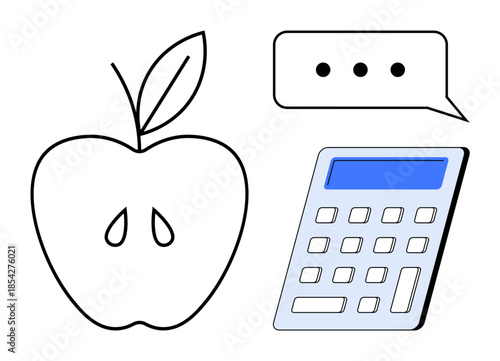 Education, communication, finance, calculation, healthy eating, abstract art. Apple outline, calculator with blue display and speech bubble with ellipsis. Education and communication