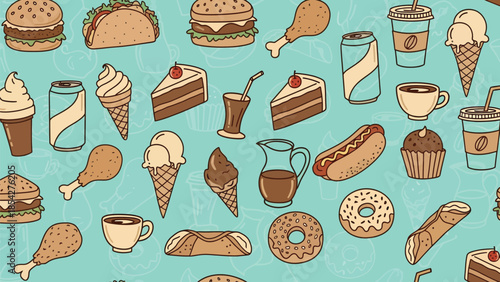 Colorful fast food and dessert seamless pattern on turquoise background