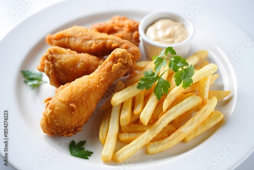 Golden Crisp Feast: A delectable arrangement of crispy fried chicken and golden fries, complemented by a creamy dipping sauce. A celebration of taste and texture.