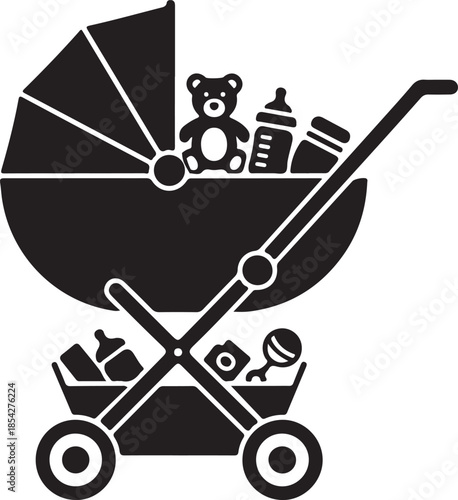 Stylized black silhouette vector of a baby stroller icon with teddy bear, bottle, pacifier, toy camera, and rattle symbols.
