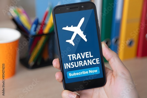 Travel Insurance App on Smartphone: A hand delicately holds a smartphone, its screen showcasing a travel insurance app, symbolizing convenience and security for future journeys.