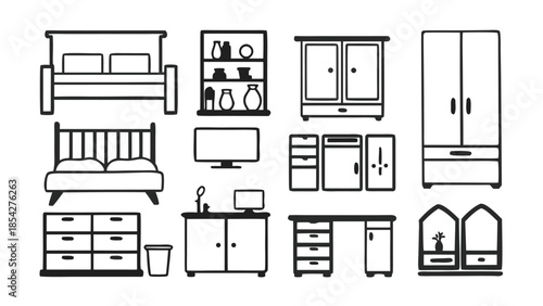 Furniture Vector Line Art Icon Set, Clean CAD Outline Interior Design Elements Isolated on White Background