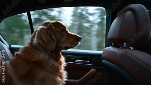 Golden retriever dog riding in car looking out window, pet travel, journey, animal behavior, and companionship footage.