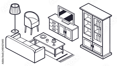 Furniture Vector Line Art Icon Set, Clean CAD Outline Interior Design Elements Isolated on White Background
