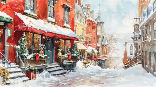 Charming vintage christmas street scene  a watercolor depiction of festive ambiance and joy
