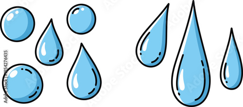 Cartoon water droplets in various shapes and sizes on white