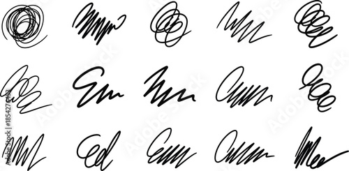 Collection of unique hand drawn scribbles and signatures