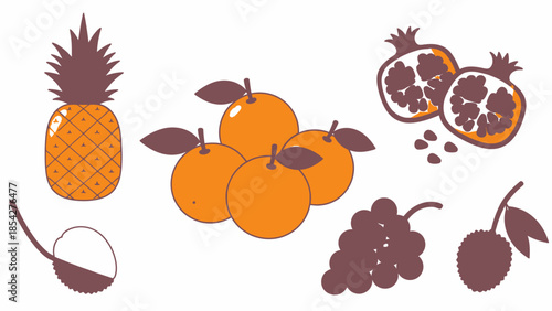 Assorted Tropical Fruits Illustration: Pineapple, Oranges, Pomegranate, Grapes, Lychee