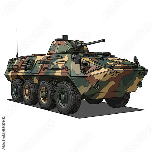 Detailed illustration of a modern eight-wheeled armored combat vehicle with turret weaponry and camouflage, embodying tactical military power and strategic defense