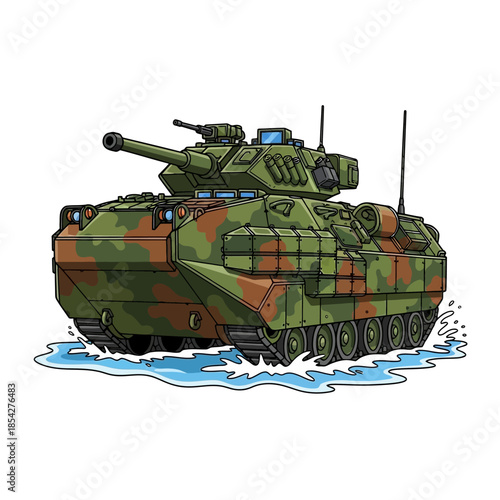 Amphibious Combat Vehicle Navigating Through Water with Camouflage Design