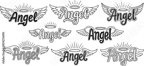 Angel wing designs with halo and text for tattoos or symbols