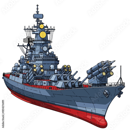 Epic Illustration of a Mighty Warship with Powerful Cannons and Missile Launchers, Ready for Naval Combat