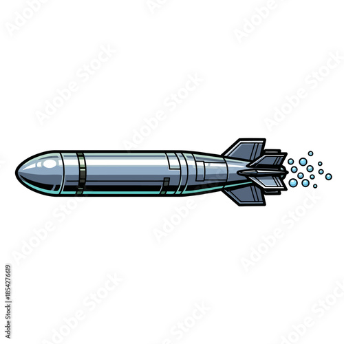 A stylized illustration of a silver aerial bomb with fins and smoke trails emanating from its rear, isolated on a white background