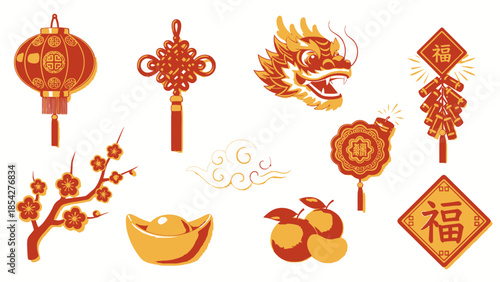 Chinese New Year Decorations: Dragon, Lanterns, Firecrackers, Gold, Oranges, Plum Blossoms